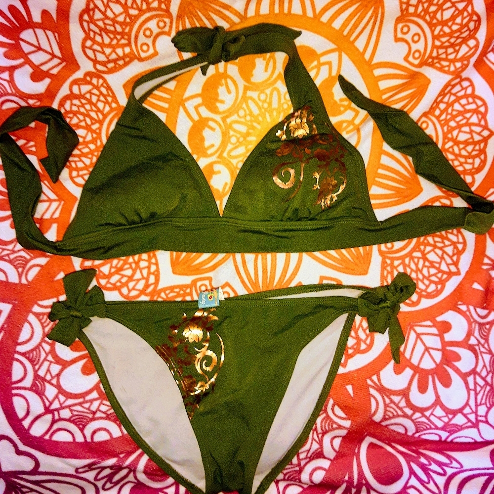 Green Halter Top Bikini with Gold Foil Bottoms w Adj. Side Ties
